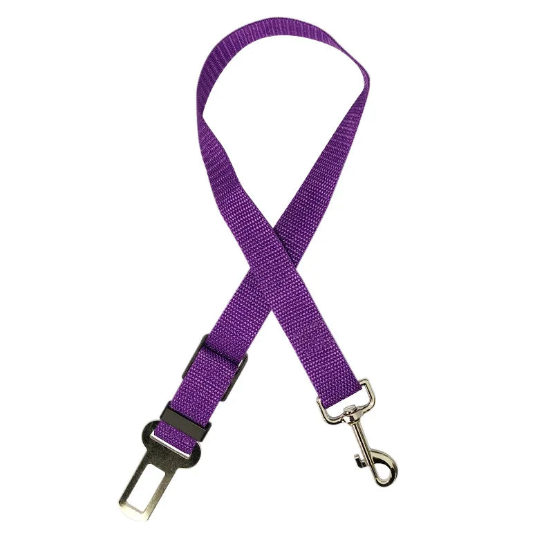 Purple seat belt safety strap with metal clip on a white background