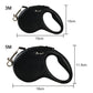 Black retractable dog leash with measurements on a white background