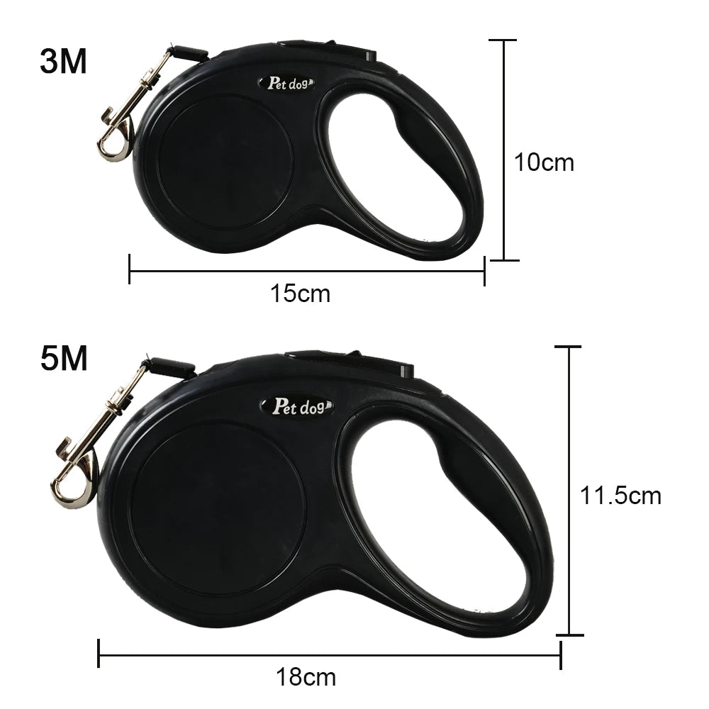 Black retractable dog leash with measurements on a white background
