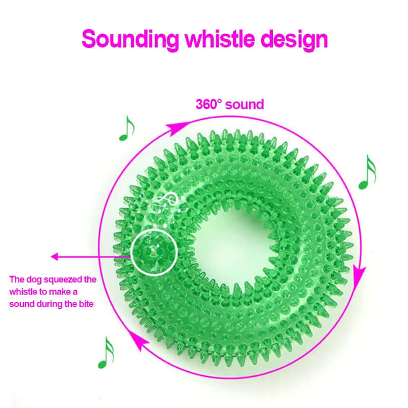 Green dog toy with spiky texture and sounding whistle design on a white background