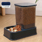Pet food dispenser with dry and wet food on a wooden floor, labeled 'Deep Blue 1.5 pounds'.