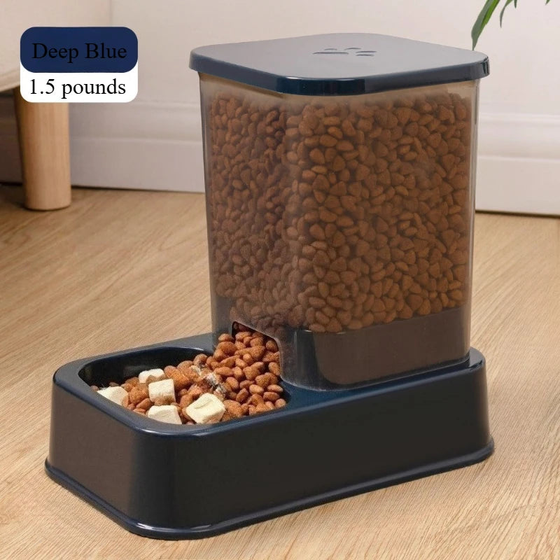 Pet food dispenser with dry and wet food on a wooden floor, labeled 'Deep Blue 1.5 pounds'.