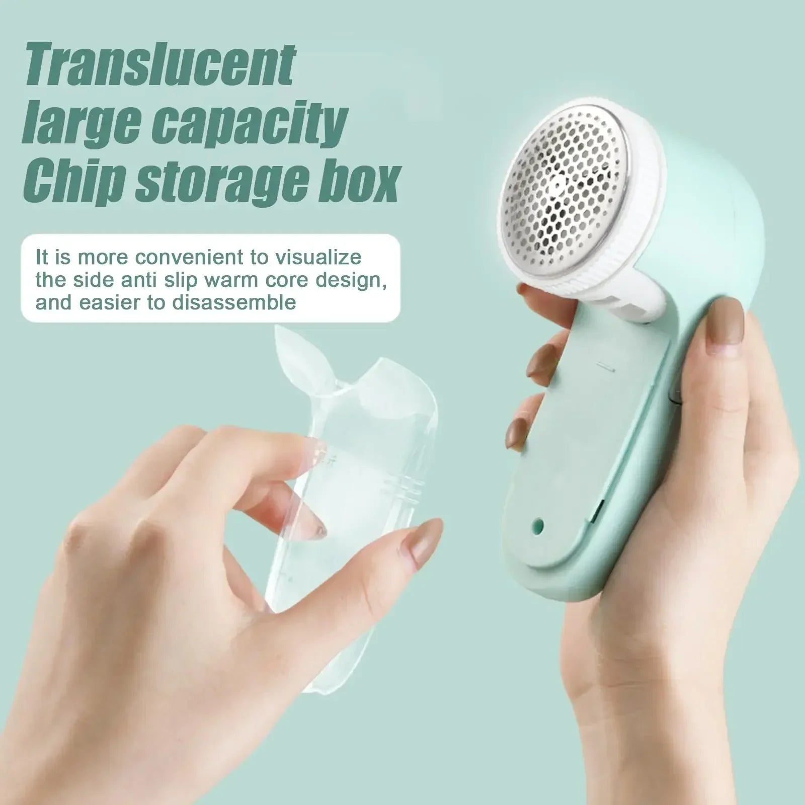 Translucent large capacity chip storage box held by hands with text on a light blue background