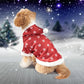 Dog wearing a red snowflake-patterned coat in a snowy landscape
