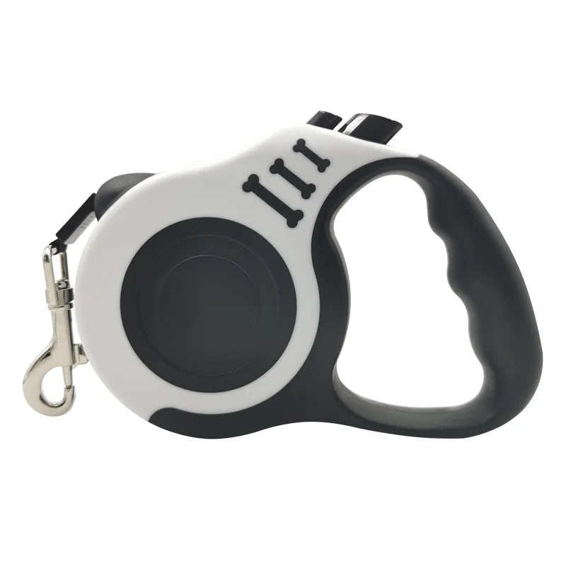 Retractable dog leash with black and white design on a white background