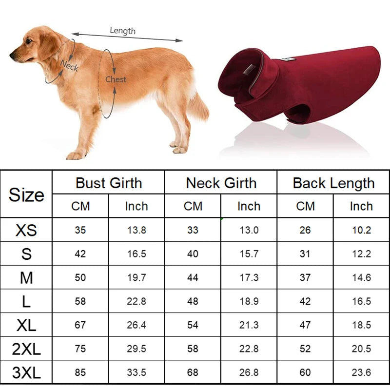 Dog coat with measurement chart for sizing on a white background