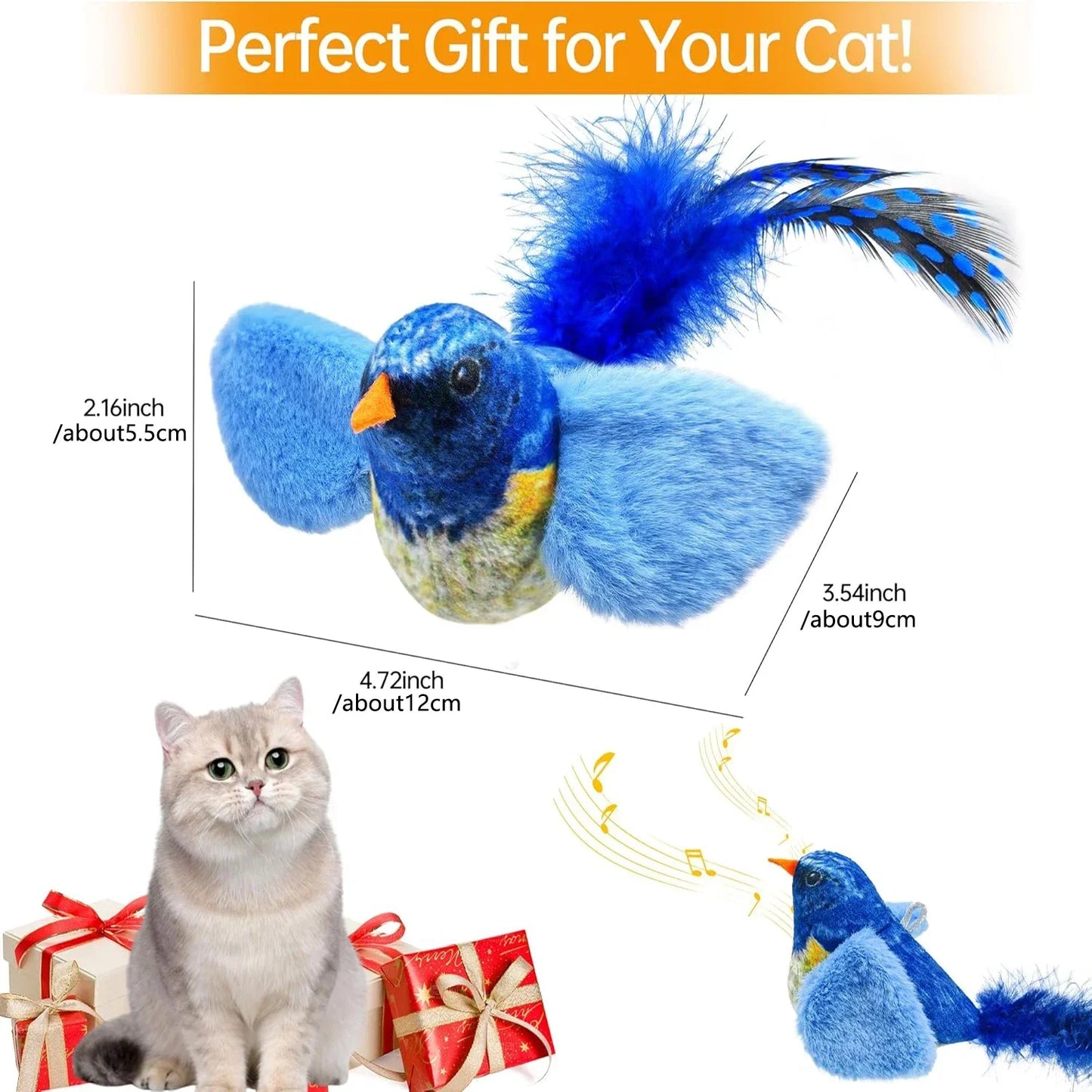 Blue bird-shaped cat toy with measurements and a cat sitting next to it, labeled 'Perfect Gift for Your Cat!'.
