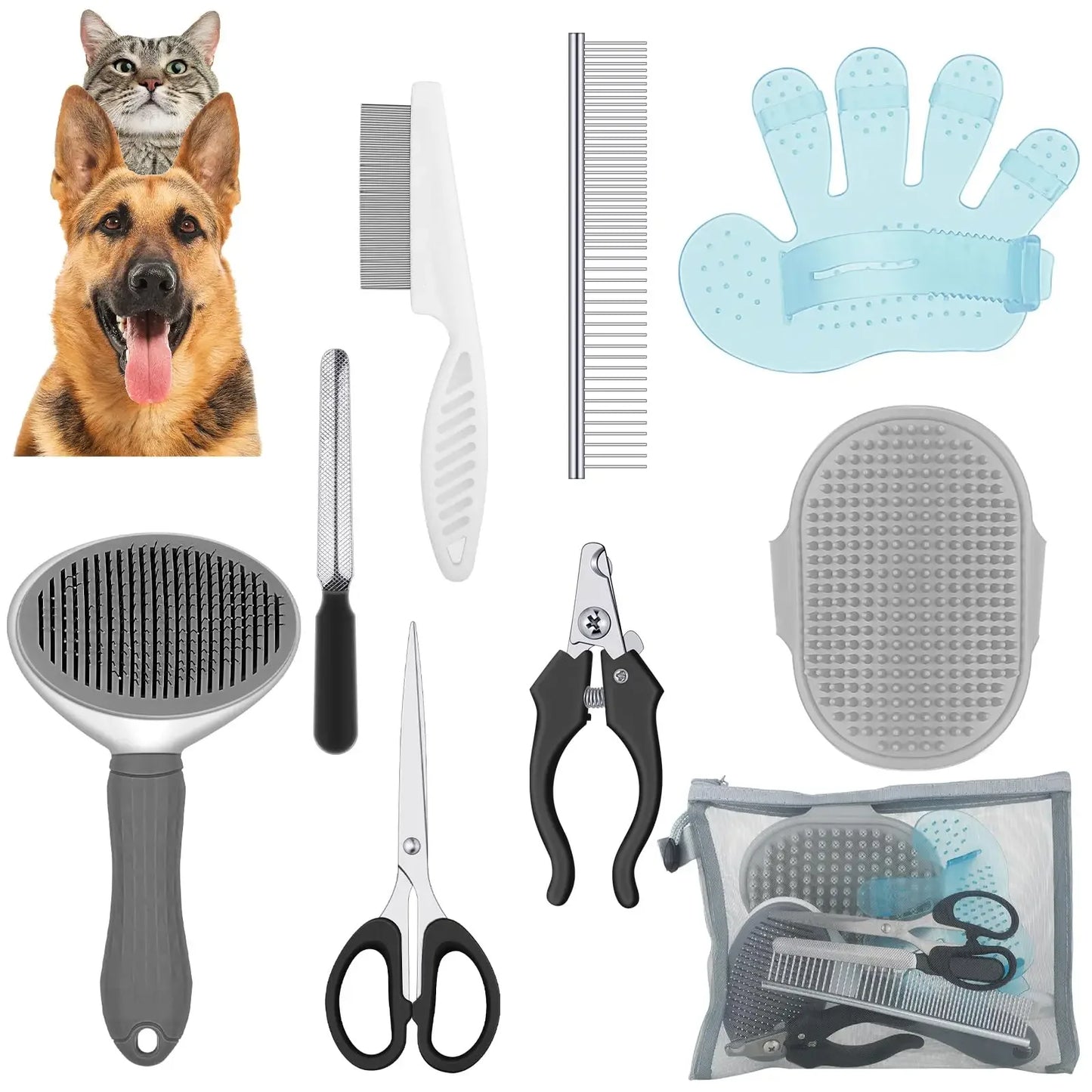Collection of pet grooming tools including a brush, comb, and scissors on a white background.