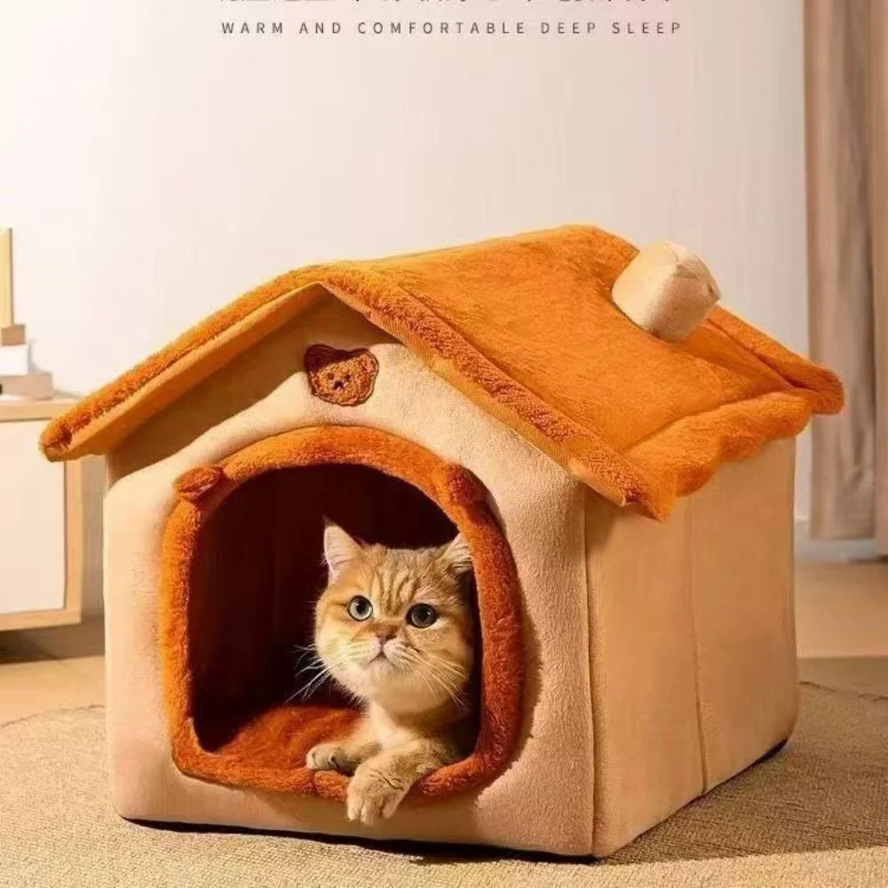 Cat peeking out from a cozy pet house with a warm and comfortable design.