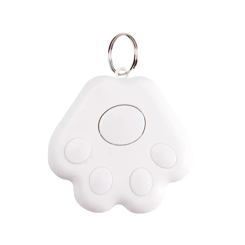 White paw-shaped keychain device with a ring on a white background