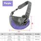 Pet carrier with purple interior and gray exterior, showing measurements and size chart on a white background.