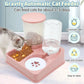 Pink gravity automatic cat feeder with a cat eating from it, featuring text and icons about its features.