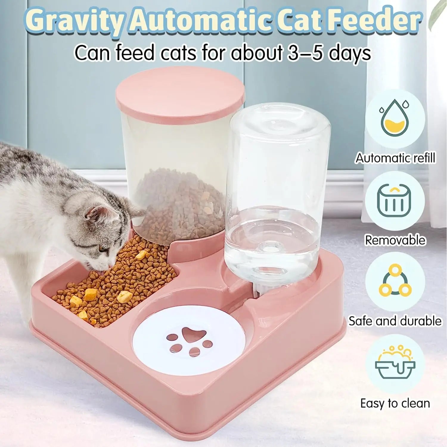 Pink gravity automatic cat feeder with a cat eating from it, featuring text and icons about its features.