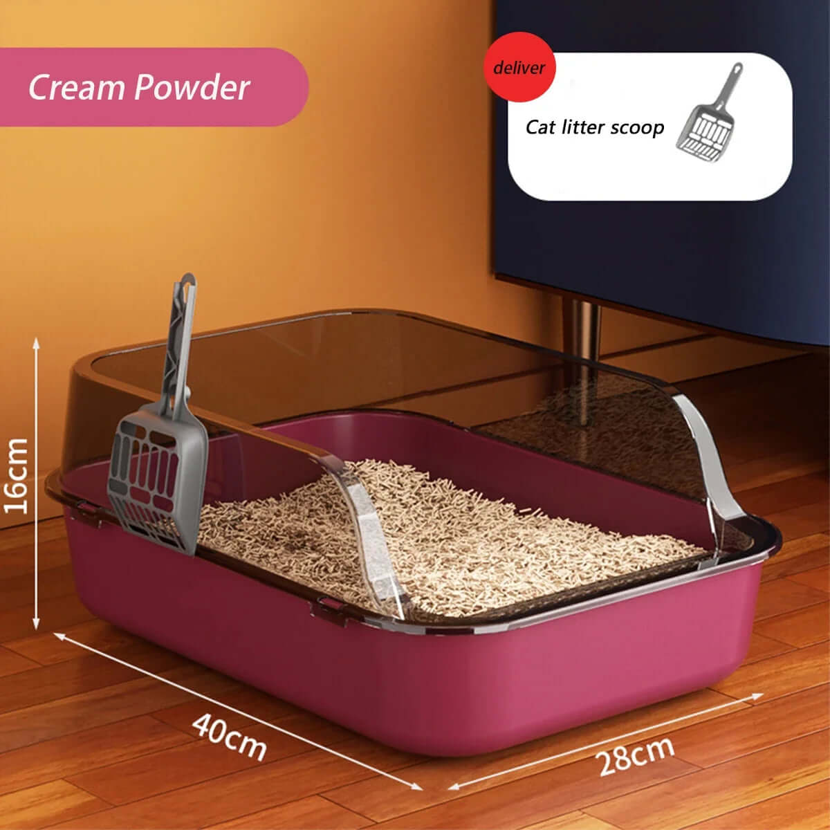 Cat litter box with dimensions, cream powder container, and cat litter scoop on a wooden floor.