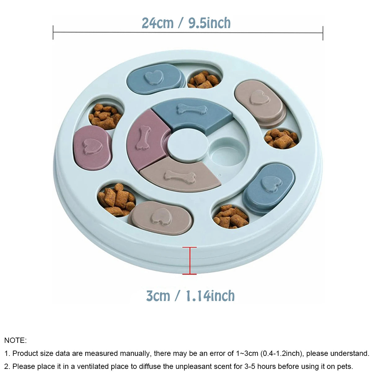 Pet puzzle feeder with food compartments and measurements on a white background