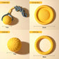 Set of yellow dog toys with measurements on a beige background