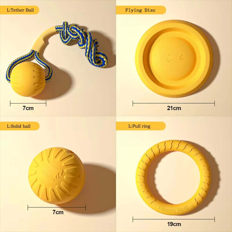 Set of yellow dog toys with measurements on a beige background