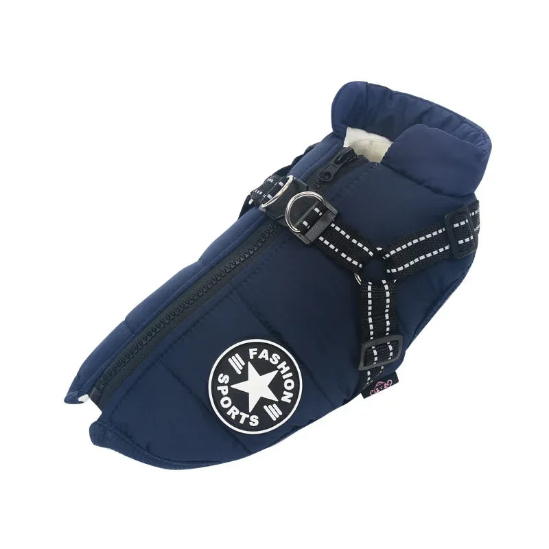 Navy blue dog coat with a visible brand logo on a white background