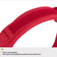 Close-up of a red velcro strap with text on a white background
