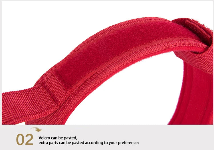 Close-up of a red velcro strap with text on a white background
