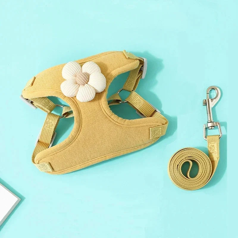 Yellow dog harness with floral design and matching leash on a light blue background
