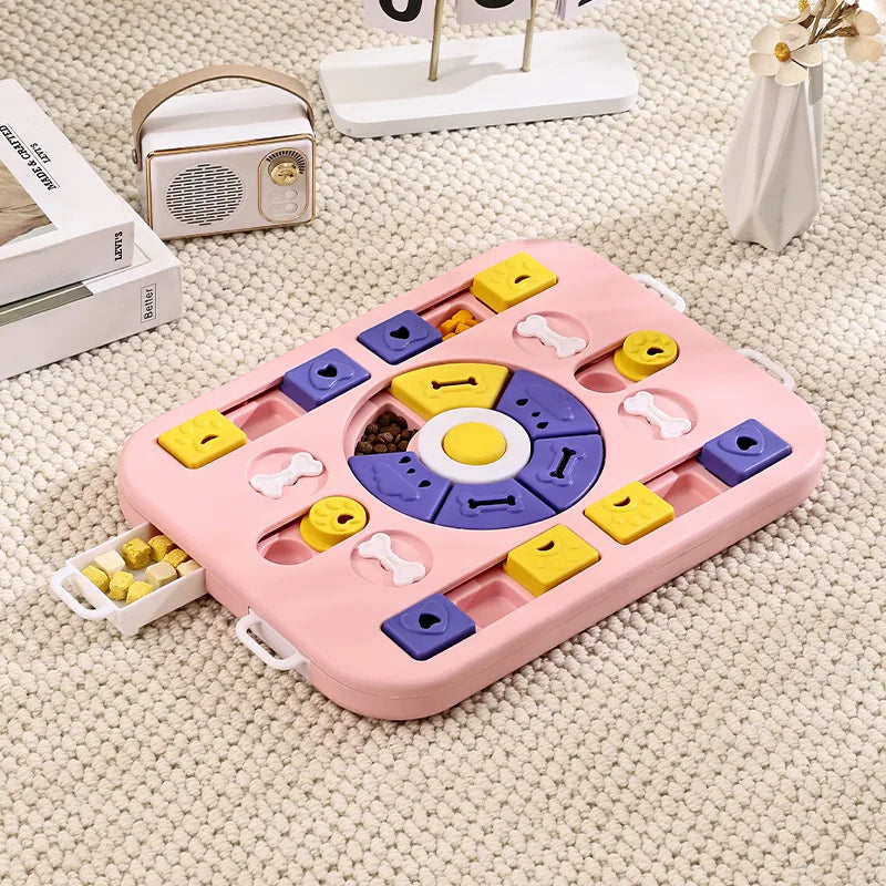 Pink puzzle toy with colorful pieces on a beige carpet
