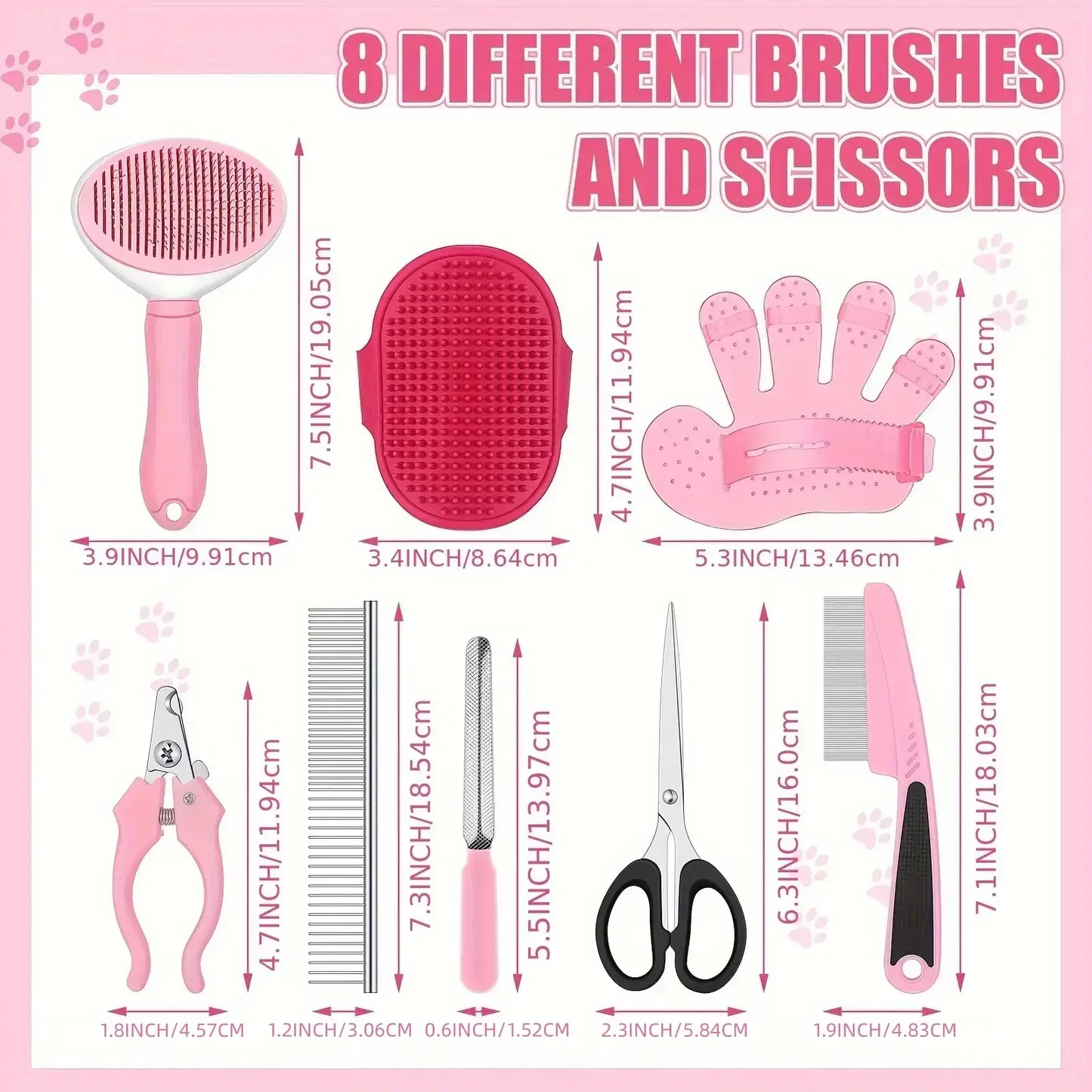 Set of 8 pet grooming brushes and scissors with measurements on a pink background