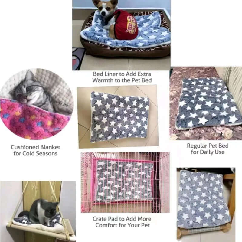 Collage of pet bedding products including a bed liner, cushioned blanket, regular pet bed, and crate pad.