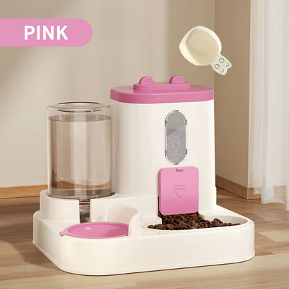 Pet feeding and water station with pink accents on a wooden floor.