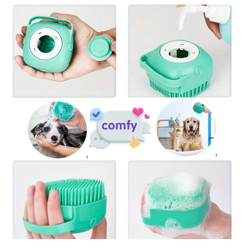 Collage of a green pet grooming tool with various uses and branding.