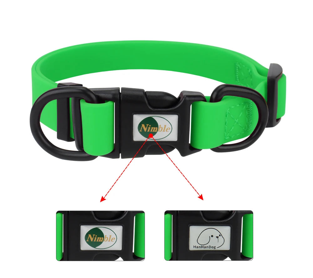 Green dog collar with black buckle on a white background, featuring the Nimble brand.