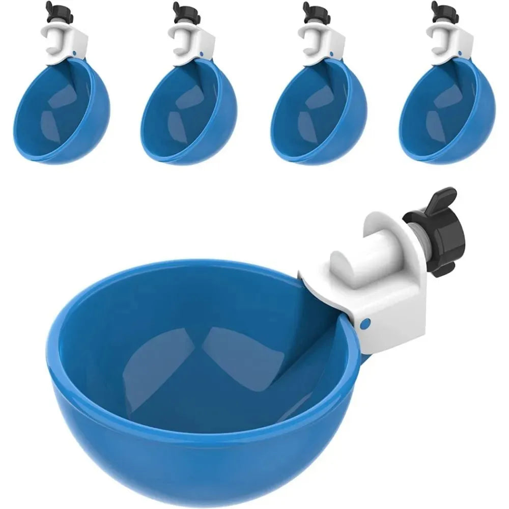 Set of blue pet bowls with white holders on a white background