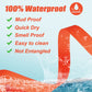 Product advertisement with waterproof features listed and a red strap with water splashes.
