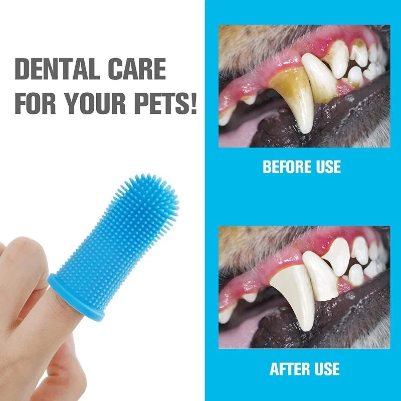 Pet dental care product with 'Before Use' and 'After Use' comparisons on a blue background.