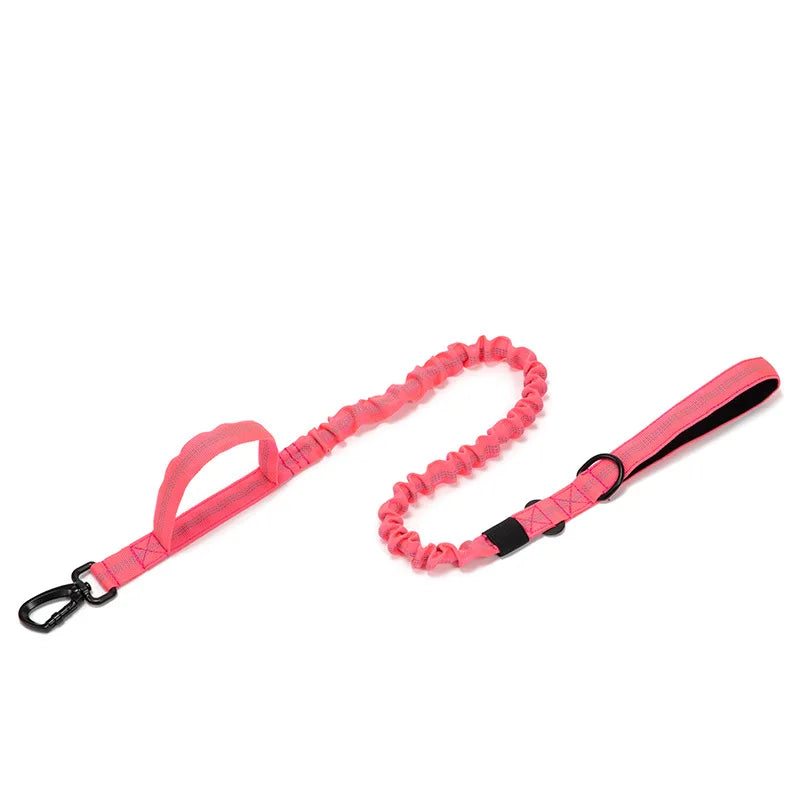 Pink dog leash with handle and bungee on a white background