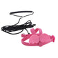 Pink dog muzzle with black leash on a white background