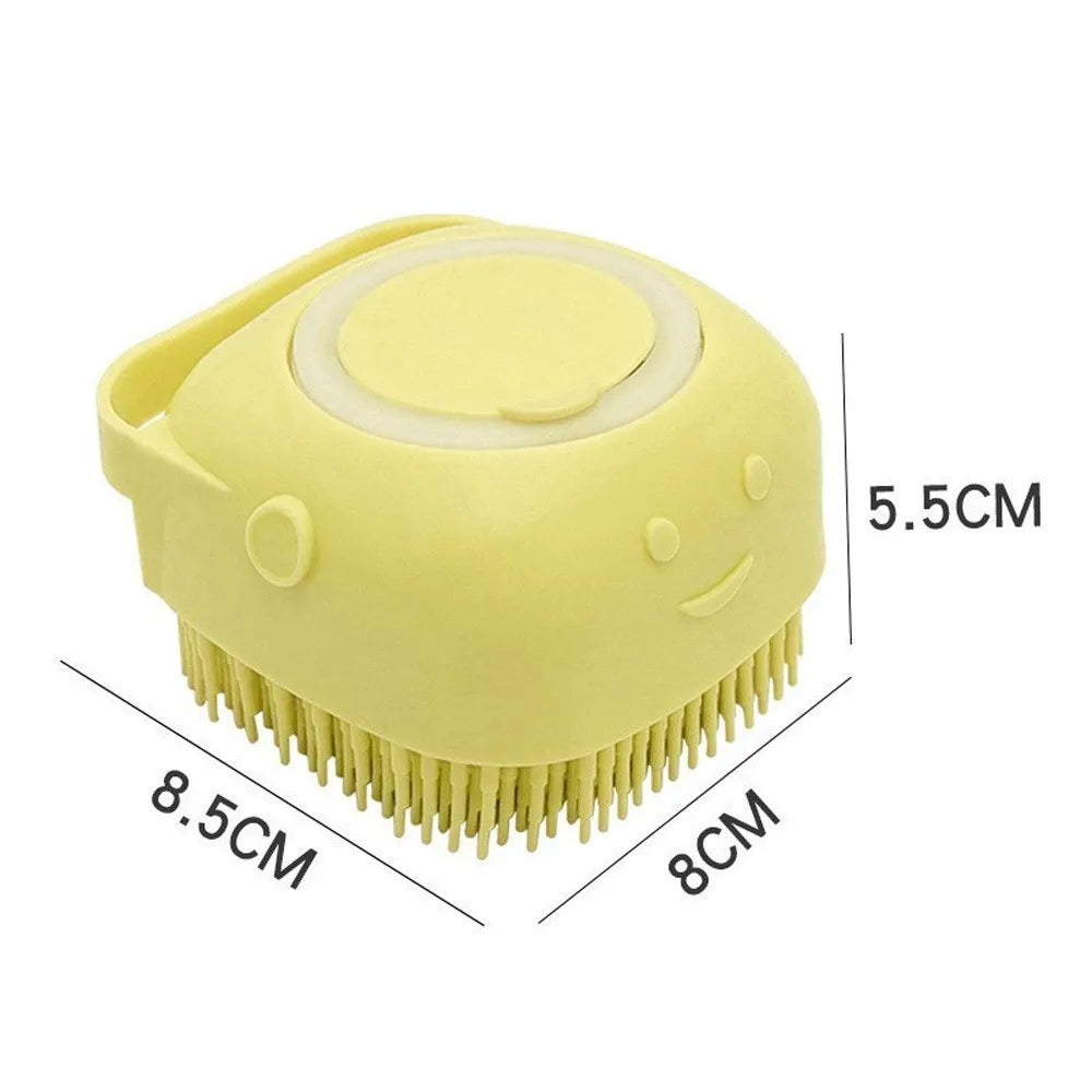 Yellow grooming brush with dimensions on a white background