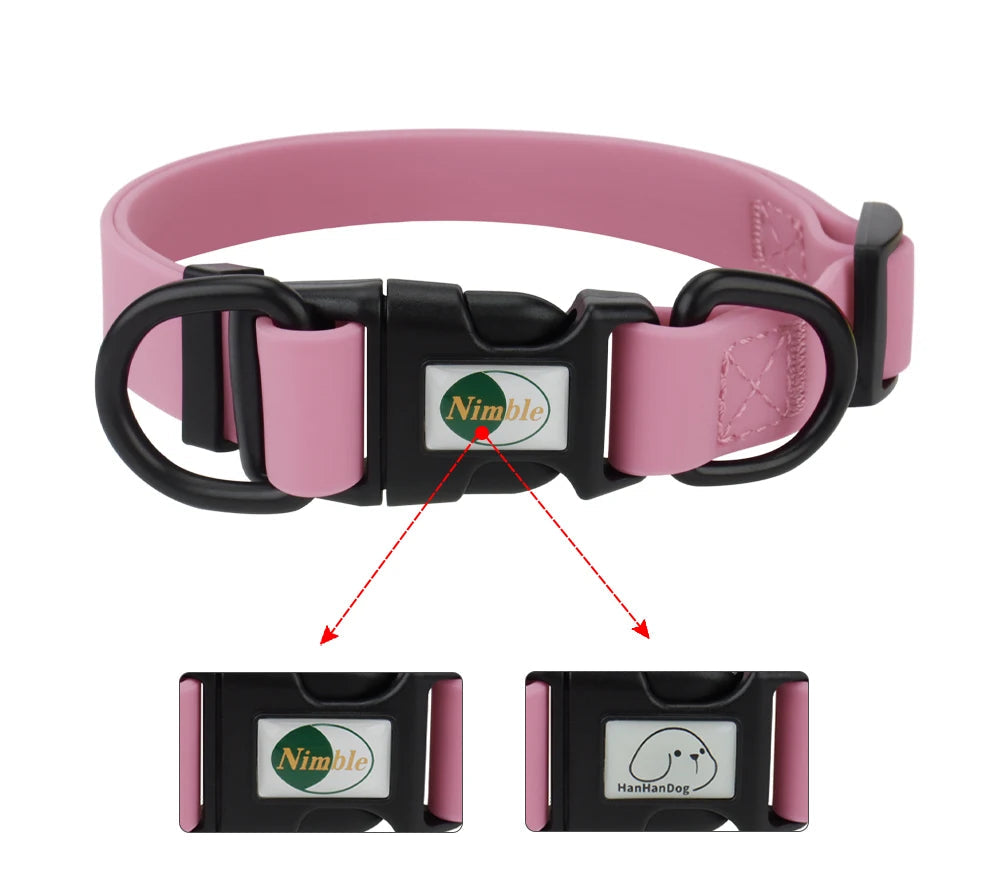 Pink dog collar with black buckle and Nimble logo on a white background