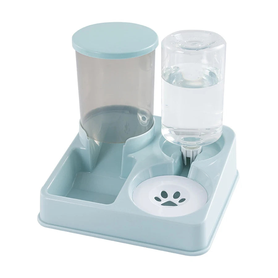 Pet feeding and water station with a blue base on a white background