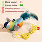 Colorful bird-shaped cat toy with feather details on a beige background