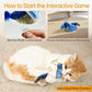 Cat playing with a toy bird, with instructions on how to start the interactive game.