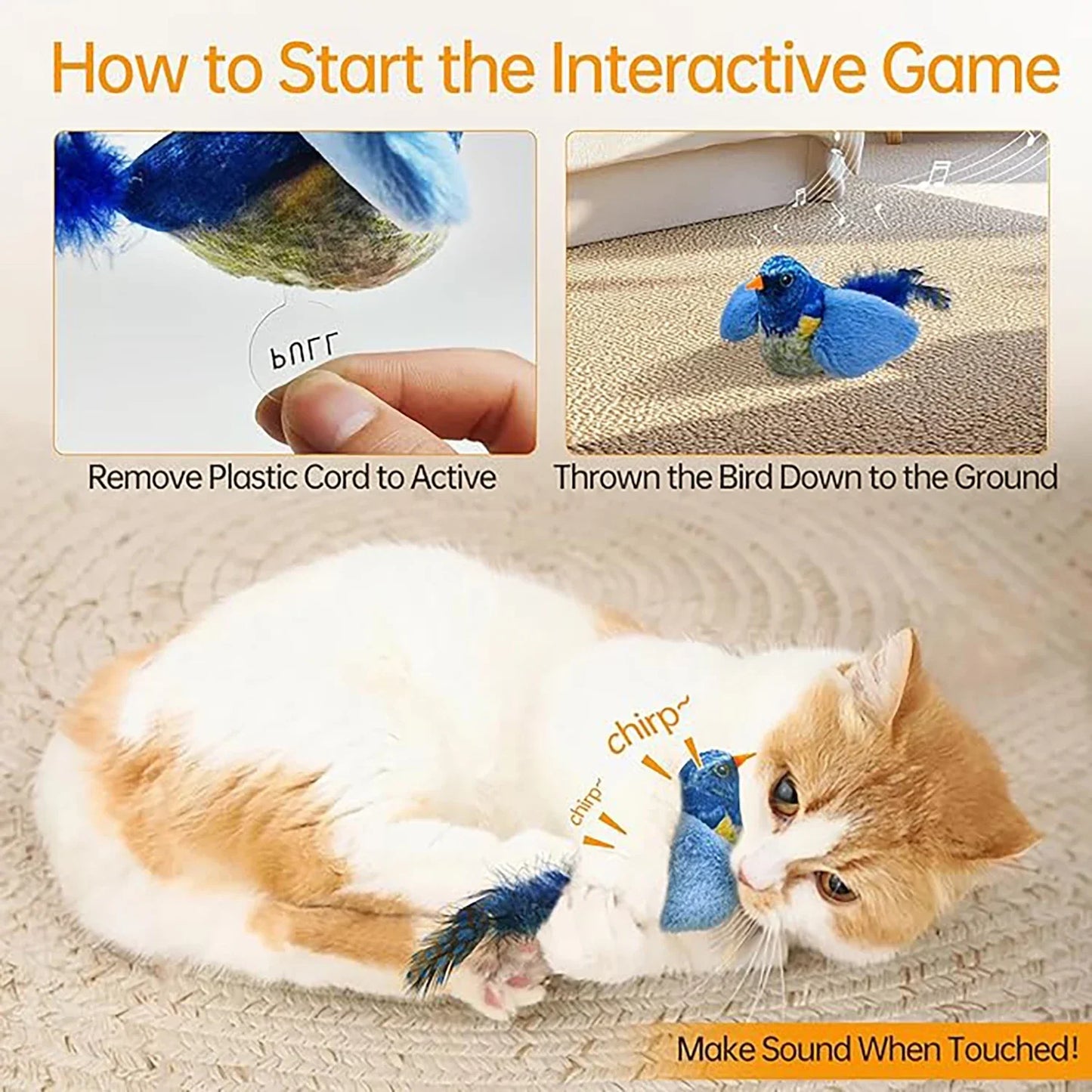 Cat playing with a toy bird, with instructions on how to start the interactive game.