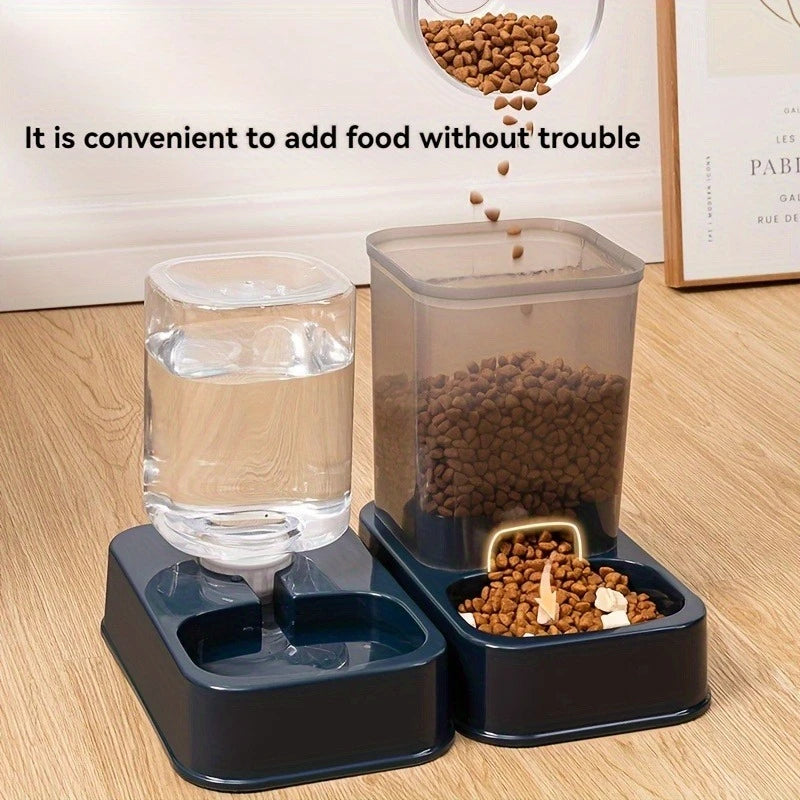 Pet feeding station with water and food containers on a wooden floor.
