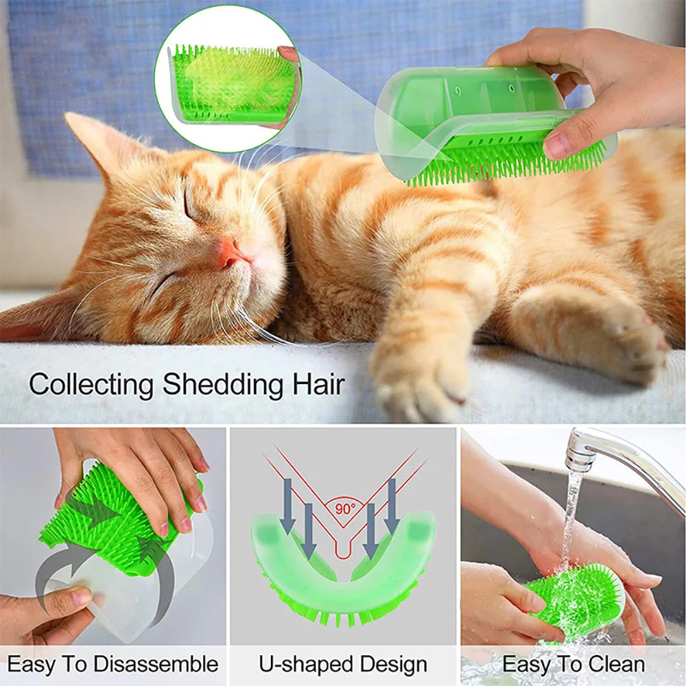Cat being groomed with a green grooming brush, showing features like hair collection and ease of cleaning.