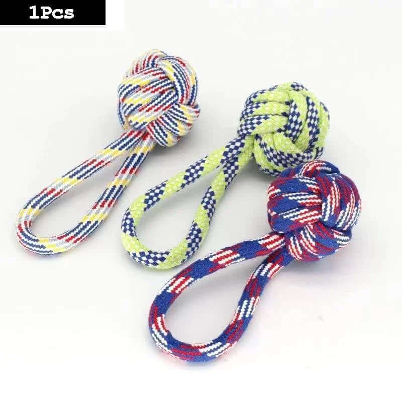 Three colorful rope toys with knot designs on a white background
