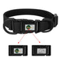 Black dog collar with a branded tag on a white background