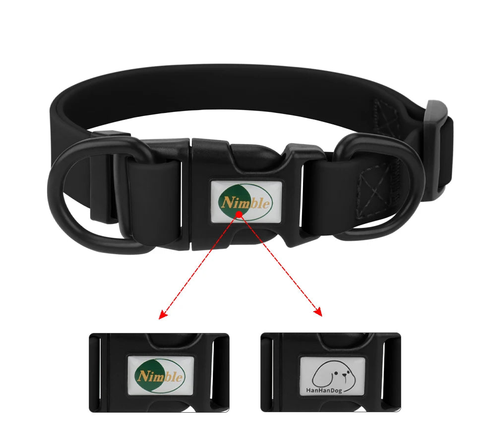 Black dog collar with a branded tag on a white background