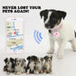 Puppy with a pink collar and tag, surrounded by smaller puppies, with a smartphone displaying a map and text 'Never Lost Your Pets Again!'.