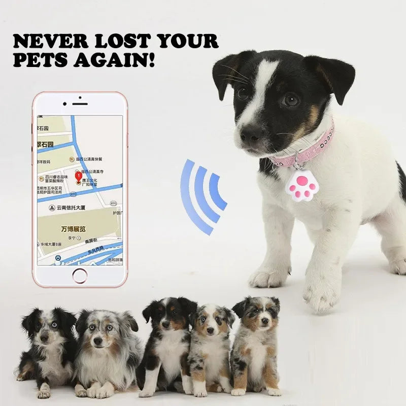 Puppy with a pink collar and tag, surrounded by smaller puppies, with a smartphone displaying a map and text 'Never Lost Your Pets Again!'.