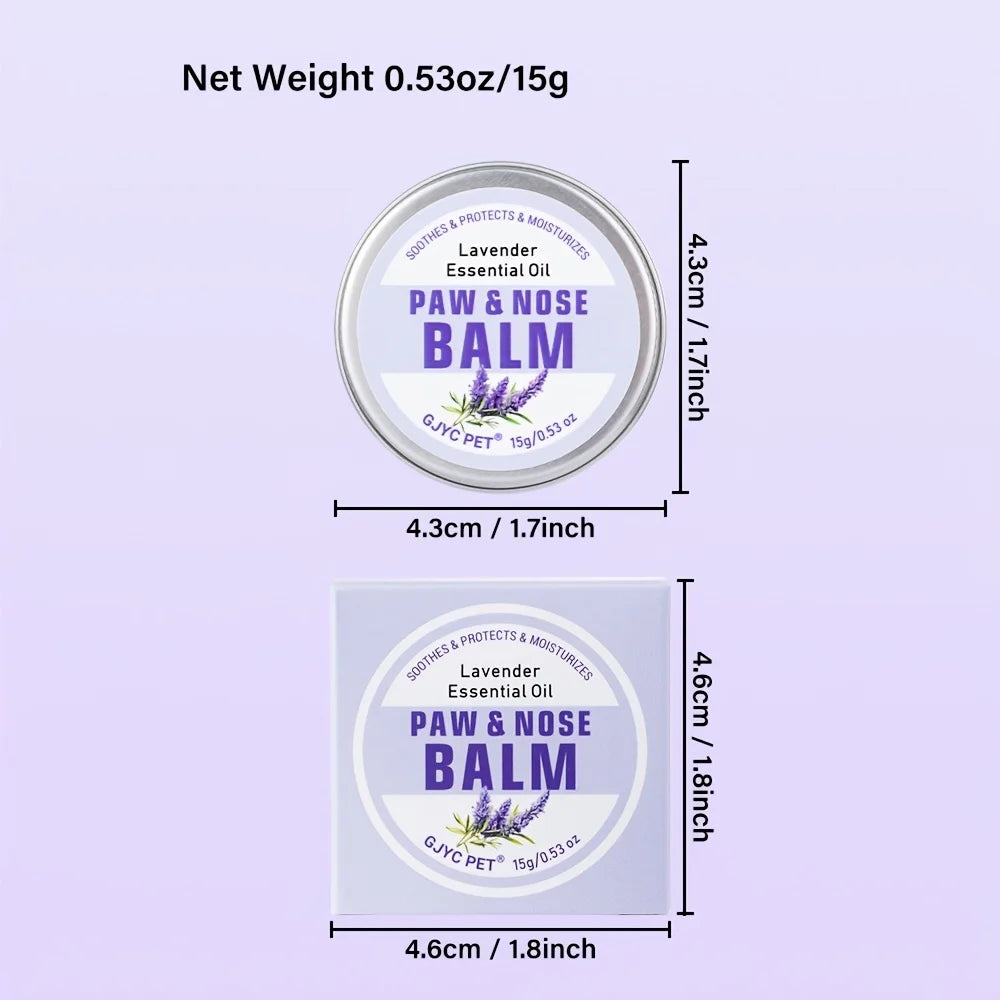 Measurement chart of a paw and nose balm container with dimensions and weight details on a light purple background.